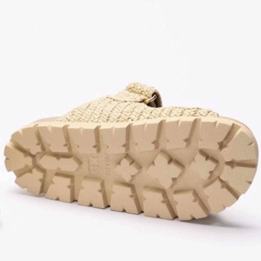 PRADA triangle logo raffia double strap leather slides sandals - Picture 5 of 5